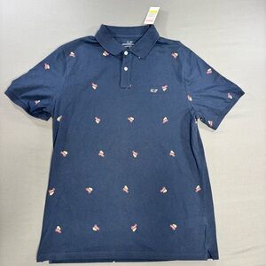 Vineyard Vines Polo Mens Medium Blue Whale Logo Woody & Tree Pique Holiday Shirt